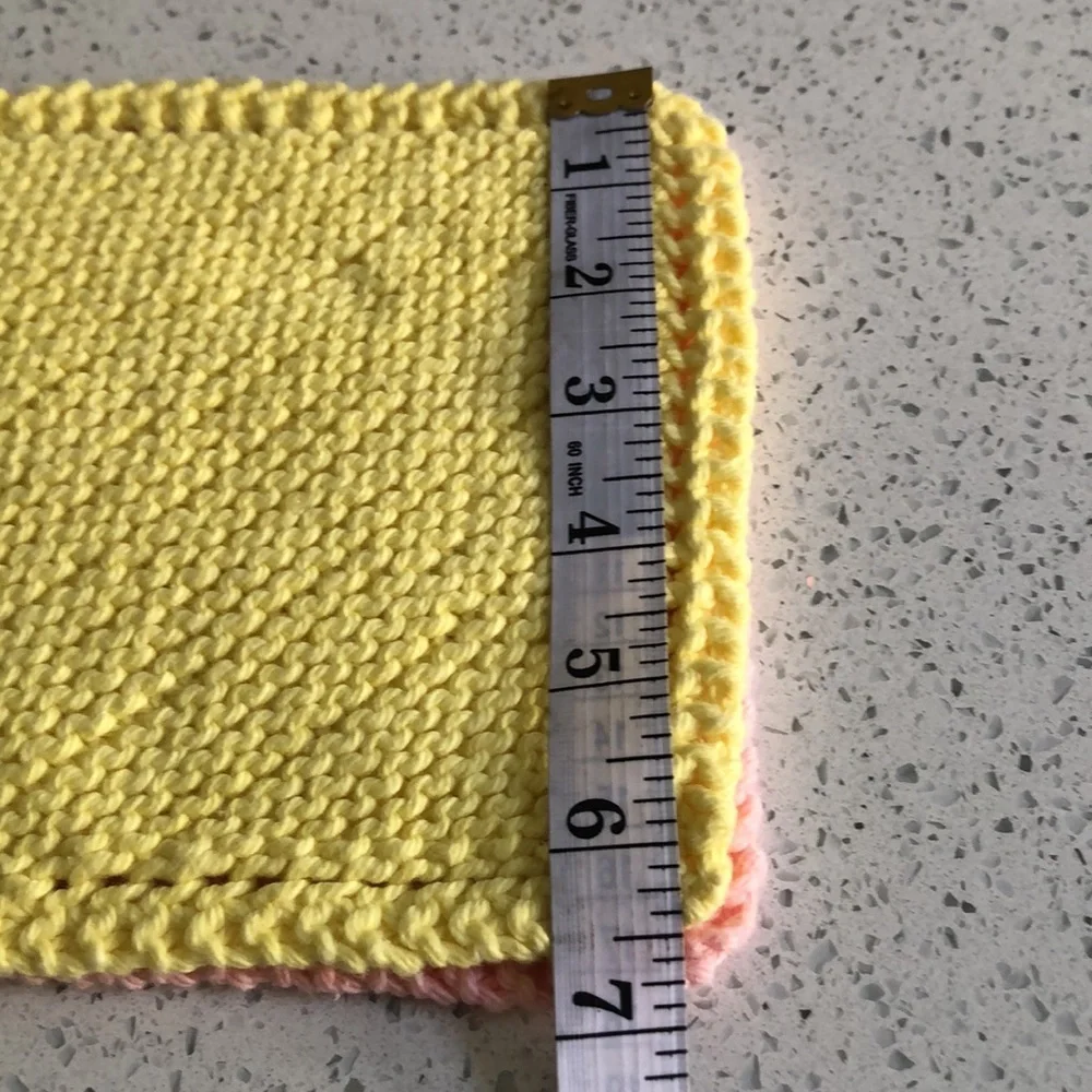 4 vintage crocheted 2 dollies 2 pot holders pink, yellow & blue